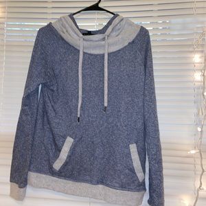 Blue and white cowl neck sweatshirt
